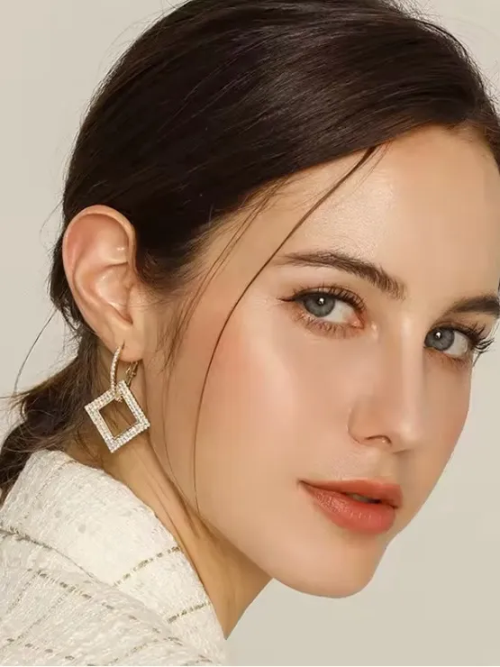 Elegant Gold tone Square Drop diamond paved small hoop Earrings - Image 2