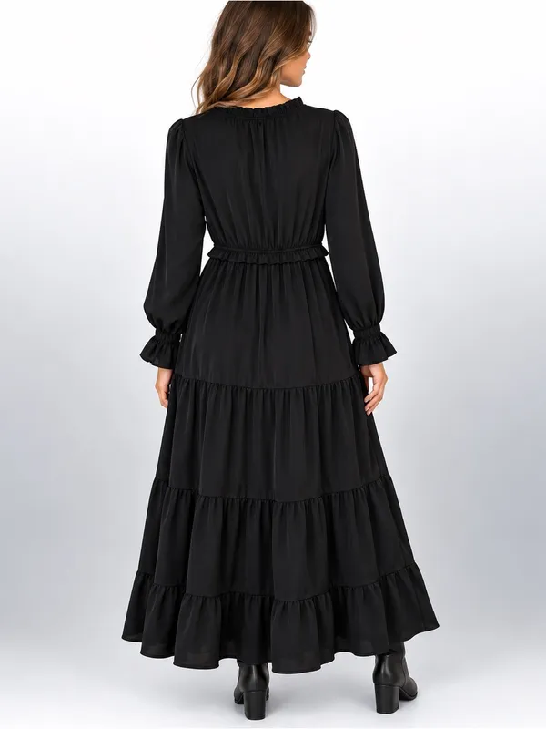 Boutique Black Tiered Ruffle Maxi Dress XL Long Sleeve Boho Romantic - Image 2