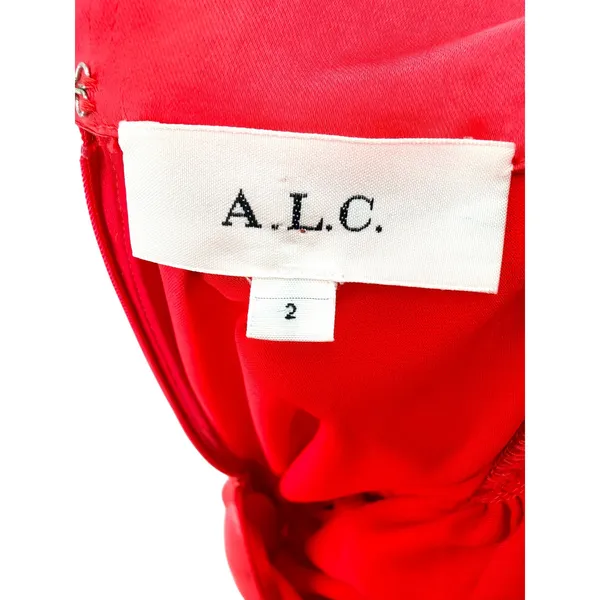 A.L.C. Joss Ruched Satin Mini Dress Red Hibiscus 2 Mock Neck Asymmetric‎ Flawed - Image 8
