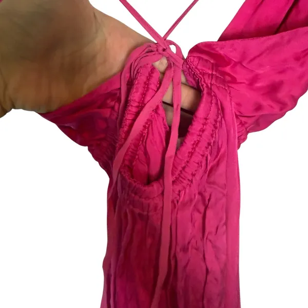 Indah Revolve Hot Pink Satin Plunge V-Neck Strappy Slit Resortwear Maxi Dress XS - Image 9