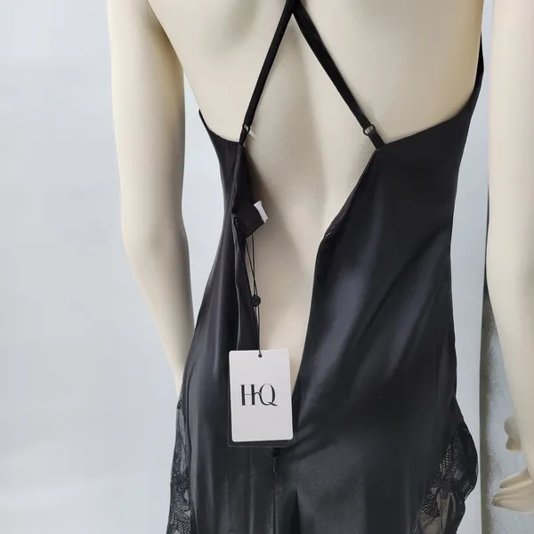 HHQ Maxi Slip Dress Size M Black Satin Lace Trim Spaghetti Strap Sexy NWT - Image 8