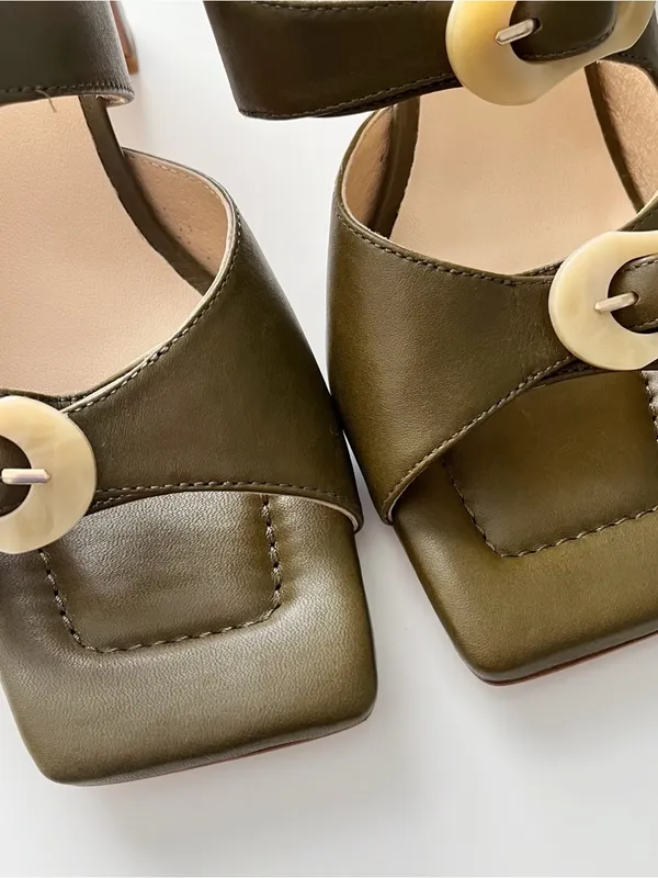 Ana Palma Olive Green Leather Ivory Buckle Block Heel Mules Made in Spain - Image 5