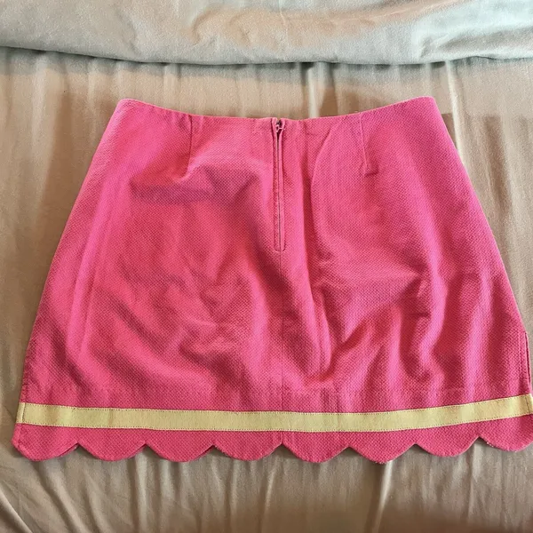Lilly Pulitzer Stretch Mini Skirt Pink - size 6 Vintage Scalloped W Green Trim - Image 5