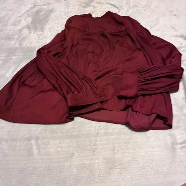 By Anthropologie Burgundy Ruffle Shoulder Peasant Blouse Long Bishop Sleeve XL - Image 8