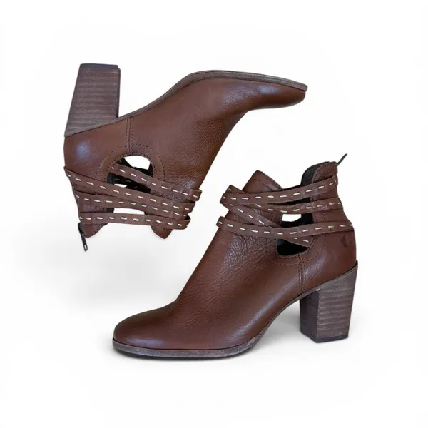 Frye Naomi Pickstitch Brown Leather Heeled Ankle Bootie Americana Cutout Sz 6.5 - Image 3