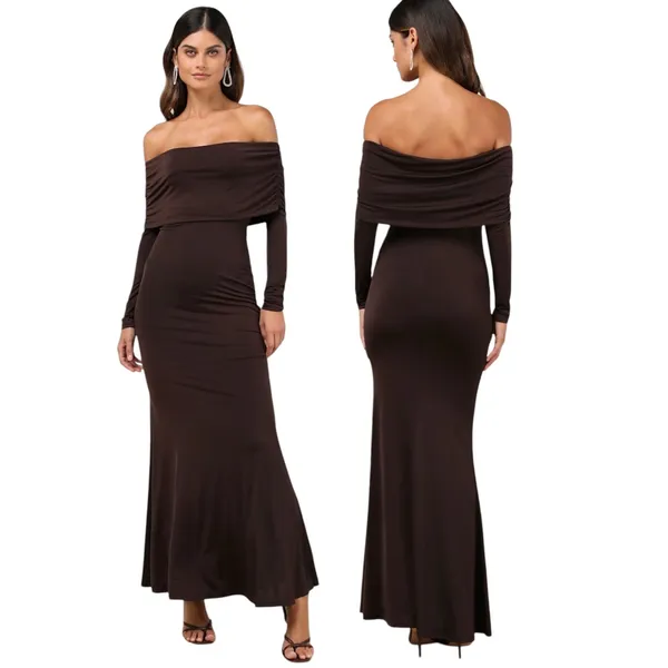 Lulus Effortlessly Stunning Dark Brown Off-the-Shoulder Maxi Dress size S NWT - Image 2