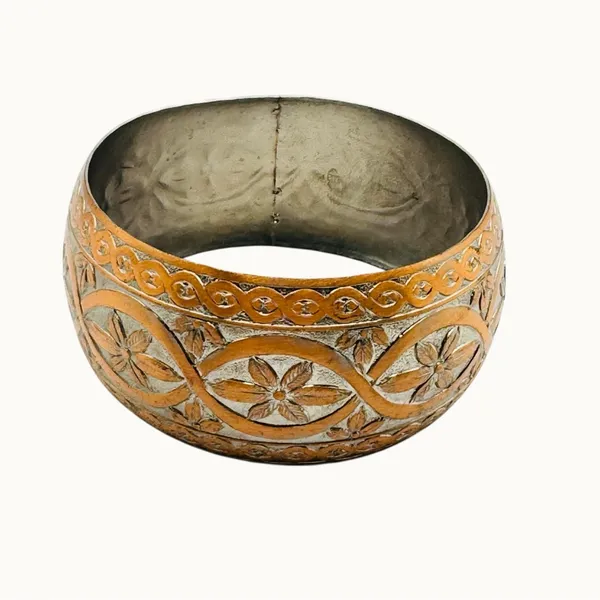 Vintage Etched Wide Bangle Bracelet Floral Scroll Copper and Silver Tone - Image 8