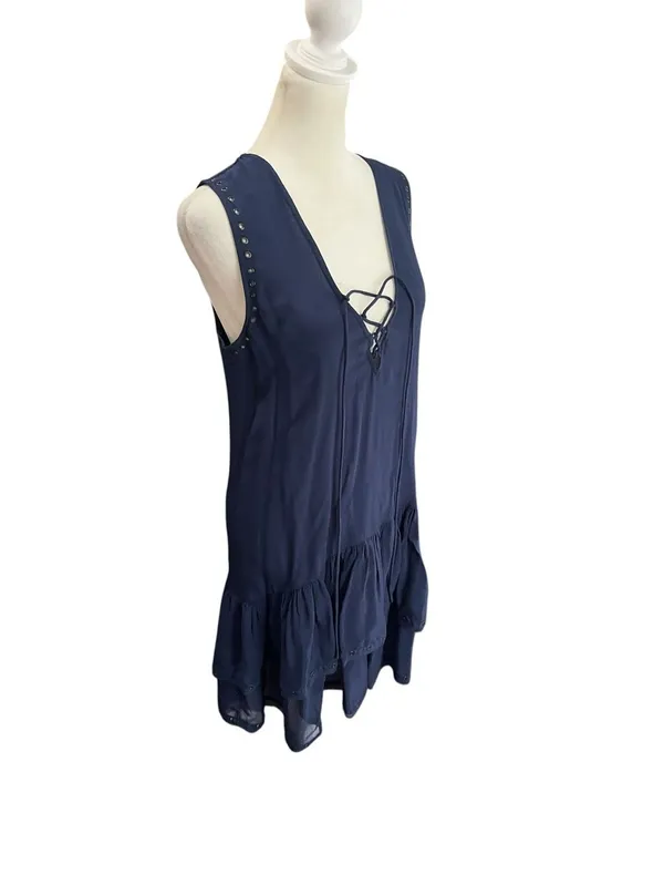 Zadig & Voltaire Navy Lace Up Studded Rory Spi Mini Dress Size S Boho Designer - Image 3
