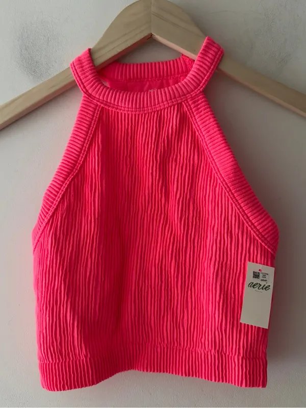 Aerie NEW! Superchill Seamless High Neck Bra Top Pink Ribbed - Image 2