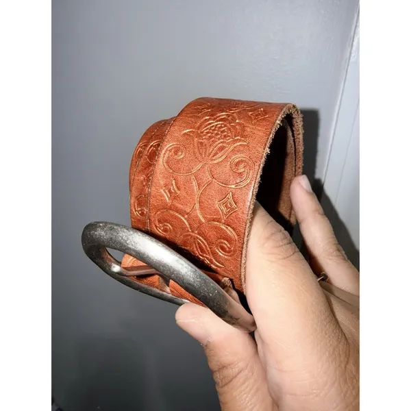 American Eagle‎ Outfitters Sz S Brown Leather Embossed Belt Silver Buckle 39.5" - Image 3