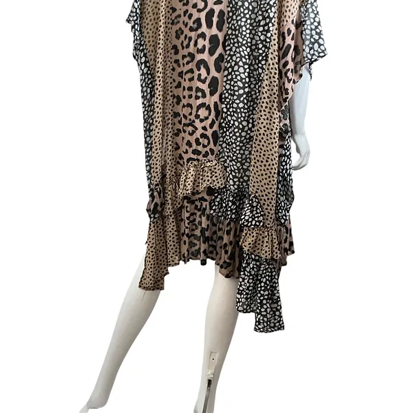 Umgee Womens‎ Leopard Patchwork Ruffle Kimono Wrap Brown Black SM - Image 7