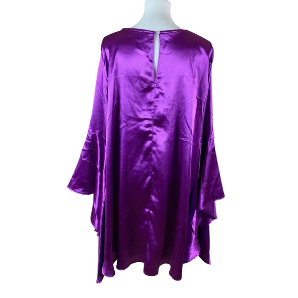 Aomei Purple Satin Bell Sleeve Swing Dress‎ L Glam Party Holiday Statement Piece - Image 4