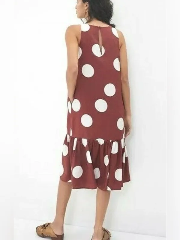 Anthropologie Michaela Flounced Merlot brown W white PolkaDot Dress flowy midi S - Image 2
