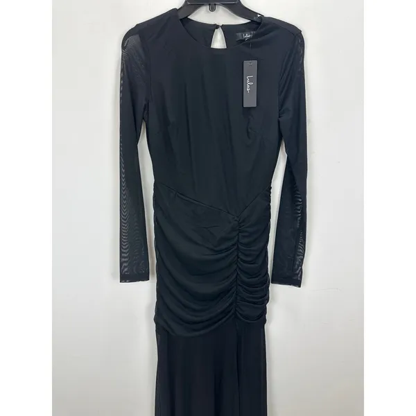 Lulus Vibrant Poise Black Mesh Ruched Maxi Dress Formal Evening Medium NWT - Image 7