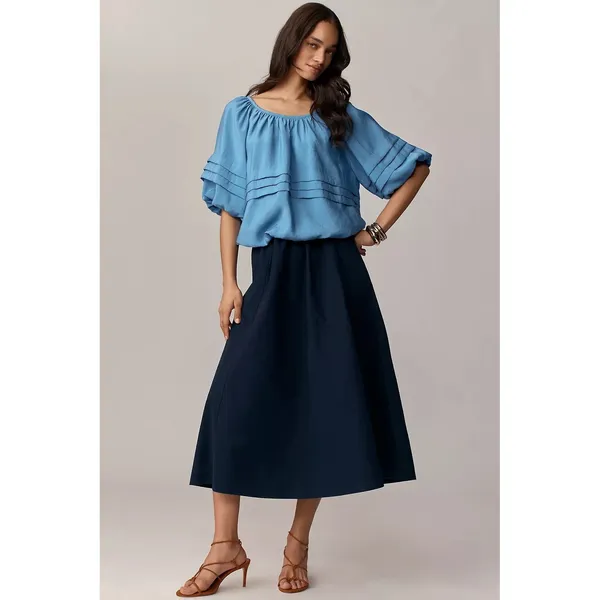 ANTHROPOLOGIE MAEVE SHORT PUFF SLEEVE BUBBLE TIERED BLOUSE SHIRT TOP Small Blue - Image 3