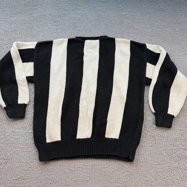 Vintage 90s Perry Ellis Hand Knit Floral Striped Cotton Sweater Black Cream L - Image 2