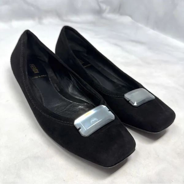 FENDI Vintage Jewel Suede Leather Square Toe Ballerina Ballet Flat Shoe Y2K 37.5 - Image 3