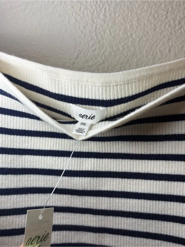 Aerie plus size XXL 2X knitted crochet ribbed cotton top blue white cotton - Image 7