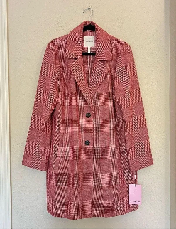 Anthropologie Avec Les Filles Red Houndstooth Plaid Longline Blazer NEW Size XL - Image 5