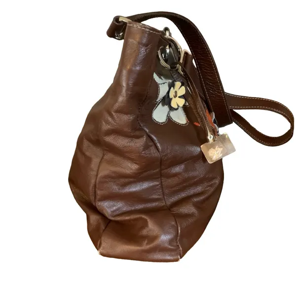 Arte Piel Brown Handcrafted W/Applique Flowers Leather Tote Shoulder Bag - Image 3