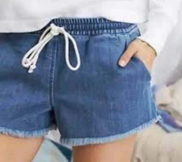 Aerie Chambray Pull On Drawstring Frayed Blue Shorts Medium - Image 2