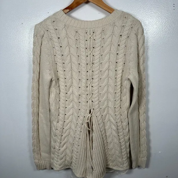 Cabi Womens Sweater‎ Small Cable Knit Corset Tie Back Style 3157 Ivory Cream - Image 10