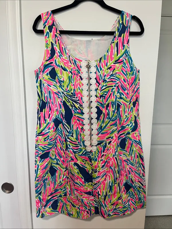 Lilly Pulitzer Cathy Shift Dress (Sz 10) Indigo Palm Reader Cotton Mini Hot Pink - Image 6