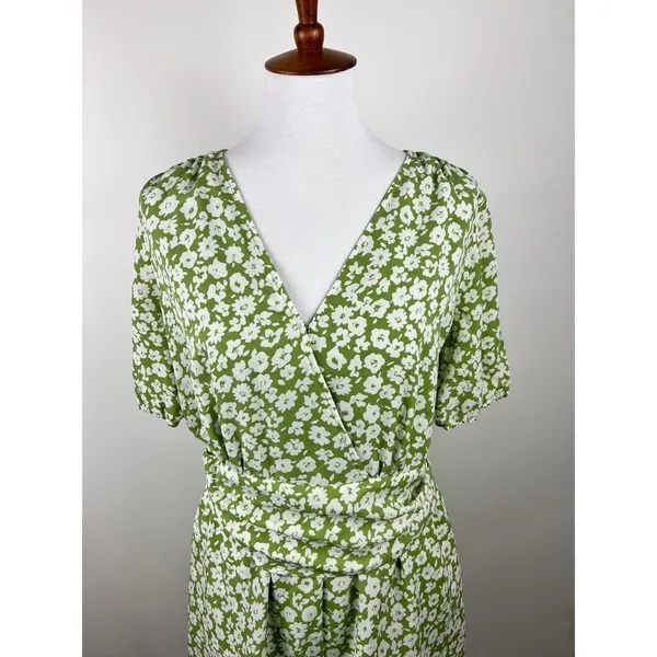 Heartloom Green Floral Wrap Front Romper Puff Sleeve Pockets Large - Image 15