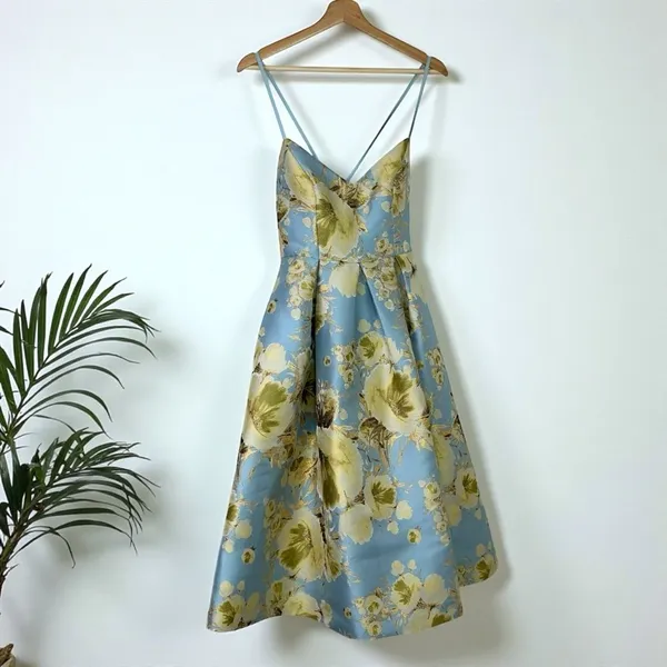 Eliza J Jacquard Brocade Floral Midi Flare Dress with Crisscross Straps - Image 6