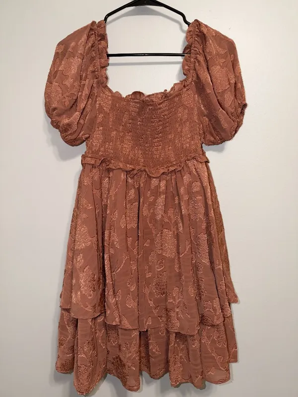 Altar'd State Lace Smocked Puff Sleeve Tiered Mini Dress XL Boho - Image 7