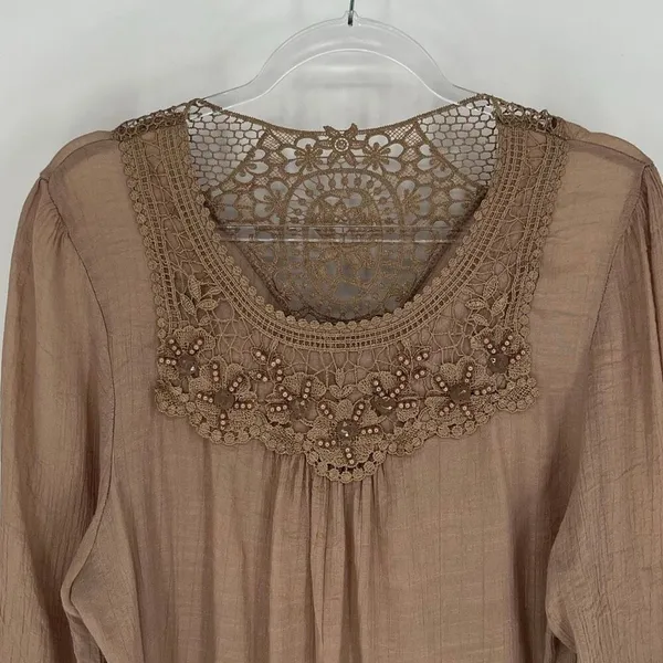 MAD STYLE Womens Boho Blouse Large Brown Crochet Lace Sheer Peasant Top Festival - Image 3