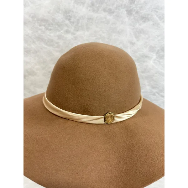 Vince Camuto Brown 100% Wool Floppy Wide Brim Hat with Gold Logo‎ Medallion OS - Image 2