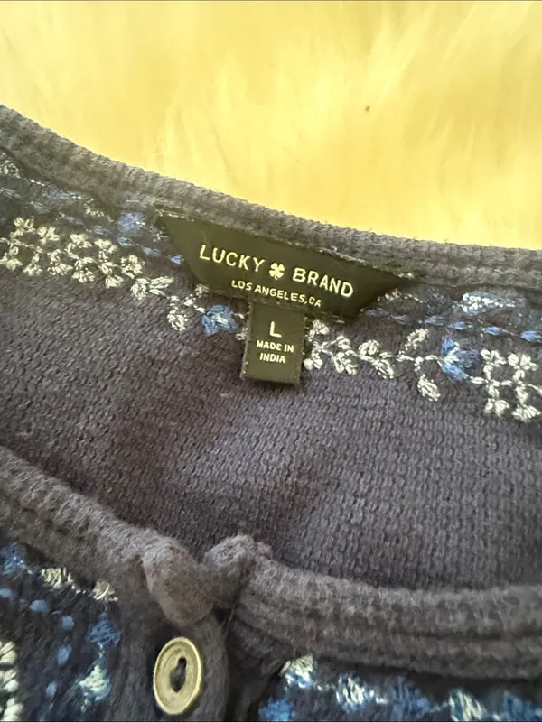 Lucky Brand Navy Blue Long-Sleeve Henley with Embroidered Trim - Image 3