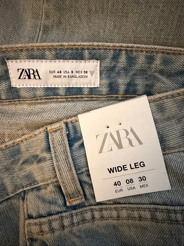 NWT Zara Wide Leg Jeans Mid Rise 100% Cotton Light Blue & Brown Wash Size 8 - Image 8