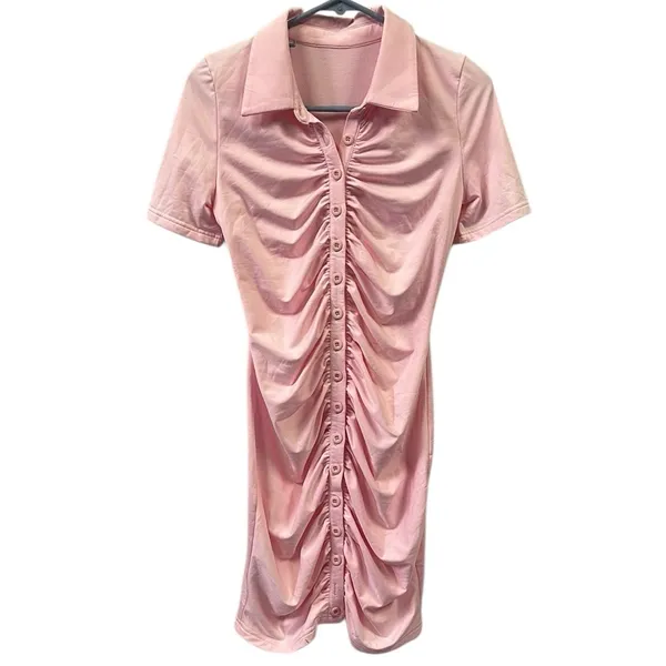 Source Unknown Pink Ruched Bodycon Full Button Front Short Sleeve Mini Dress Womens Small - Image 7