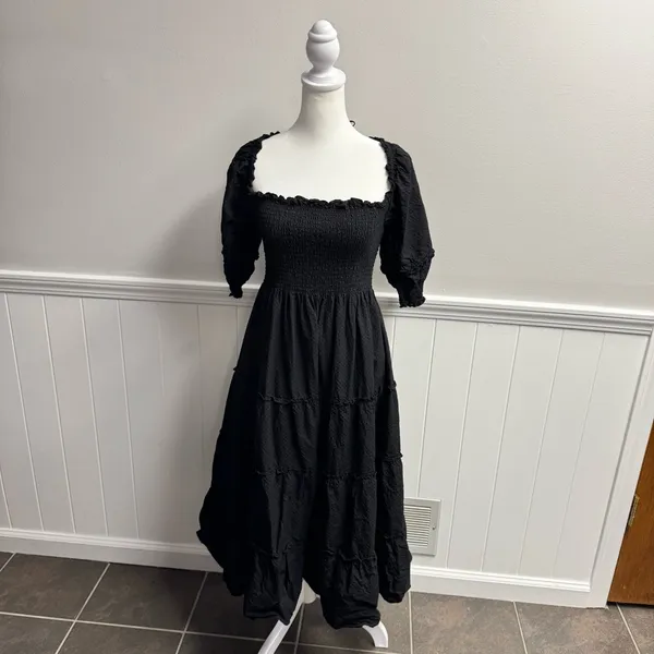 Hill House Nesli Nap Dress Short Puff Sleeve Swiss Dot Tiered Midi Black Small S - Image 14