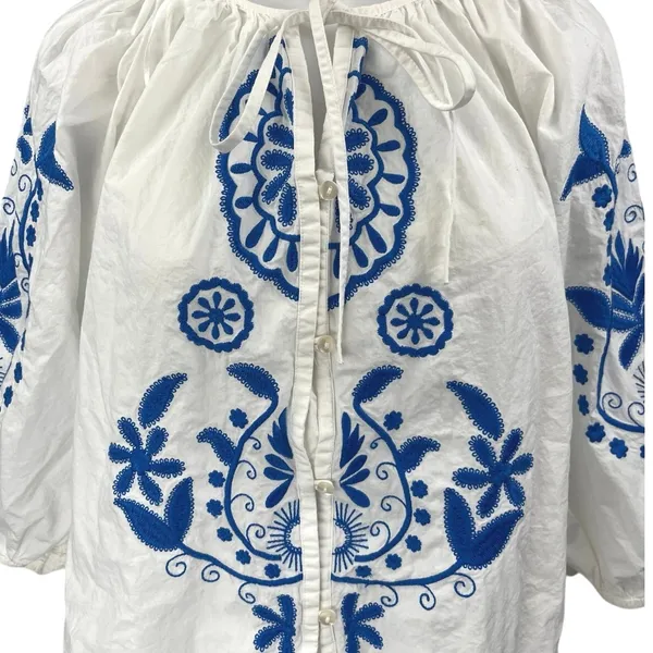H&M White Blue Floral Paisley Embroidered Half Sleeve Button Down Blouse Top L - Image 3