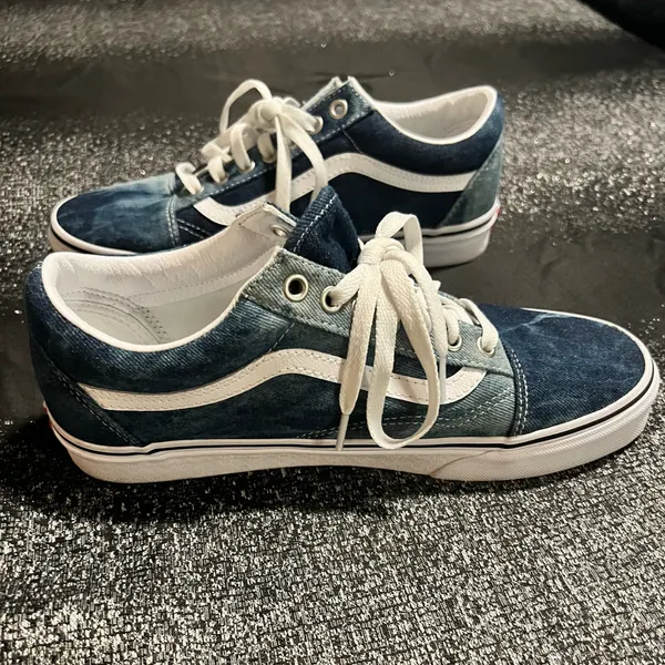Womens 10 Vans Old Skool Acid Wash Denim Lowtop Skate Shoes- Blue/White - Image 5