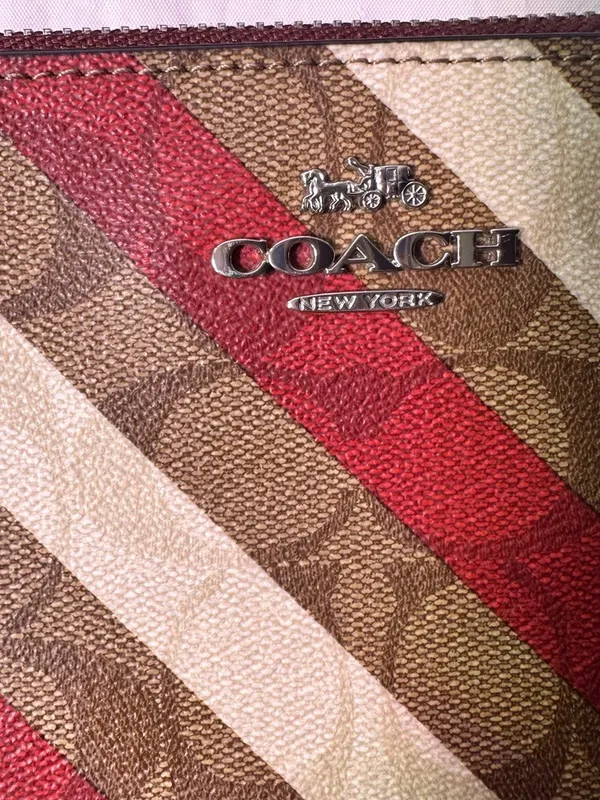 Coach Diagonal Stripe Signature Wristlet - Red, Brown, Cream - Image 5