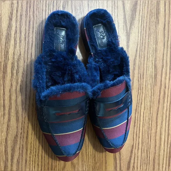 J. Crew Faux Fur Lined Academy Loafers Slide Mules Burgundy Striped Size 7.5 - Image 2
