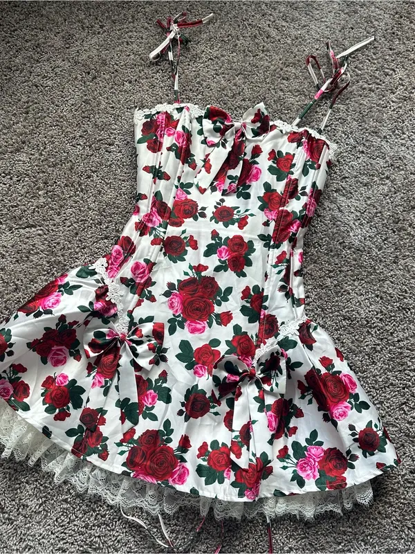 Sugar Thrillz White Floral Rose Mini Dress with Red & Pink Roses - Image 2