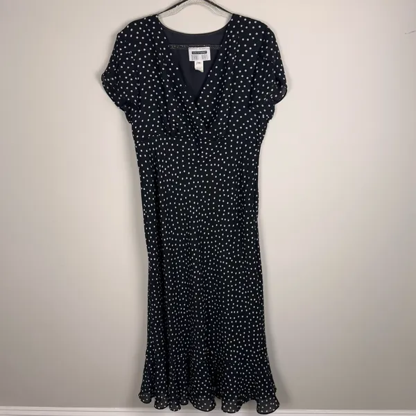 1990s VTG Dani Max Black & White‎ Polka Dot Rockabilly Maxi Dress w Ruffle Sz 14 - Image 14