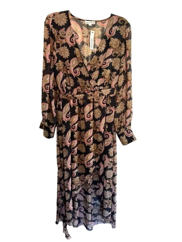 Miss Avenue Long Sleeve Maxi Dress Sheer Size L Black Paisley Floral Wrap Kaftan - Image 2