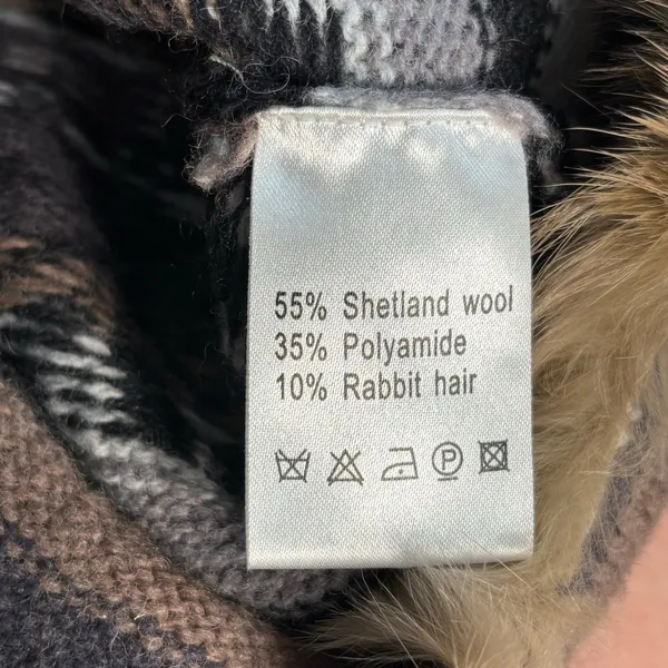 Vintage Y2K Fair Isle Shetland Wool Knit Cardigan Rabbit Fur Trim Belted Scarf‎ - Image 12