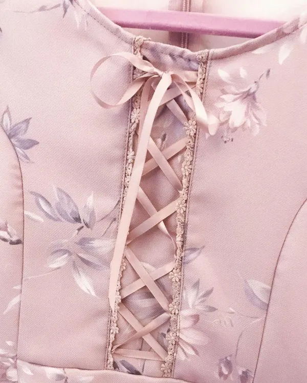 Japanese Kawaii Gyaru Harujuku Bow Lilac Floral Rose Lace-up Ruffle Mini Dress - Image 4
