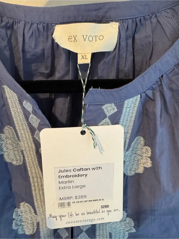 NWT Ex VOTO Embroidered Marlin Jules Caftan Blue Long-Sleeve Maxi Dress | XL - Image 3