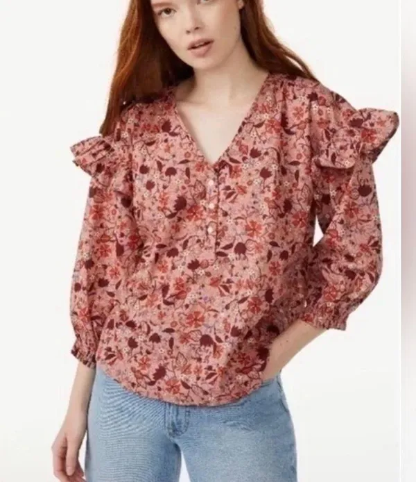 100% cotton pink rose floral oversized ruffle top size XS NWOT - Image 3