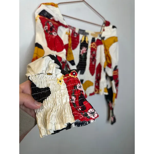 Boutique Black Red Cowboy Boots Square Neck Smocked Top size Small - Image 3