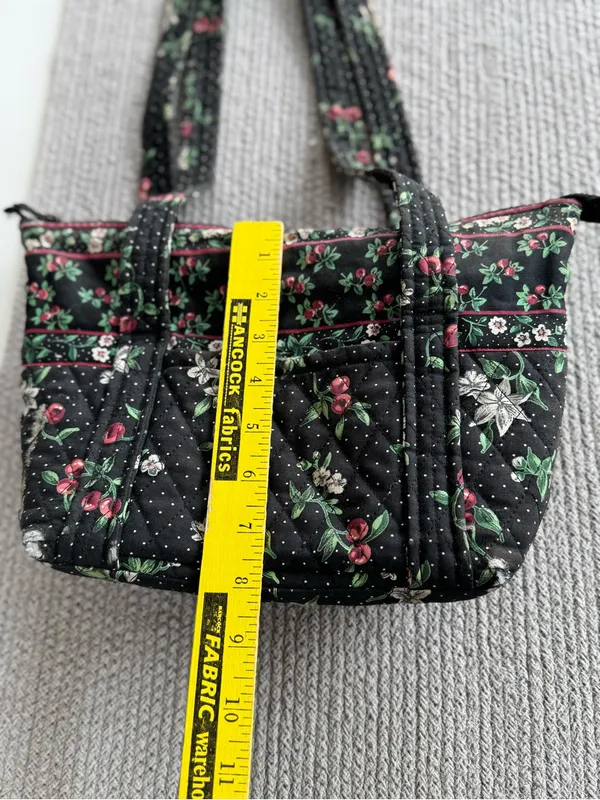 Vintage Handmade Quilted Sewing Bag Black Cherry Print - Image 4