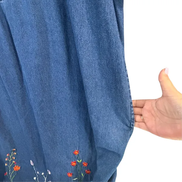 Vintage Embroidered Chambray Denim Dress Womens XXL Blue Floral Cottagecore Folk - Image 5